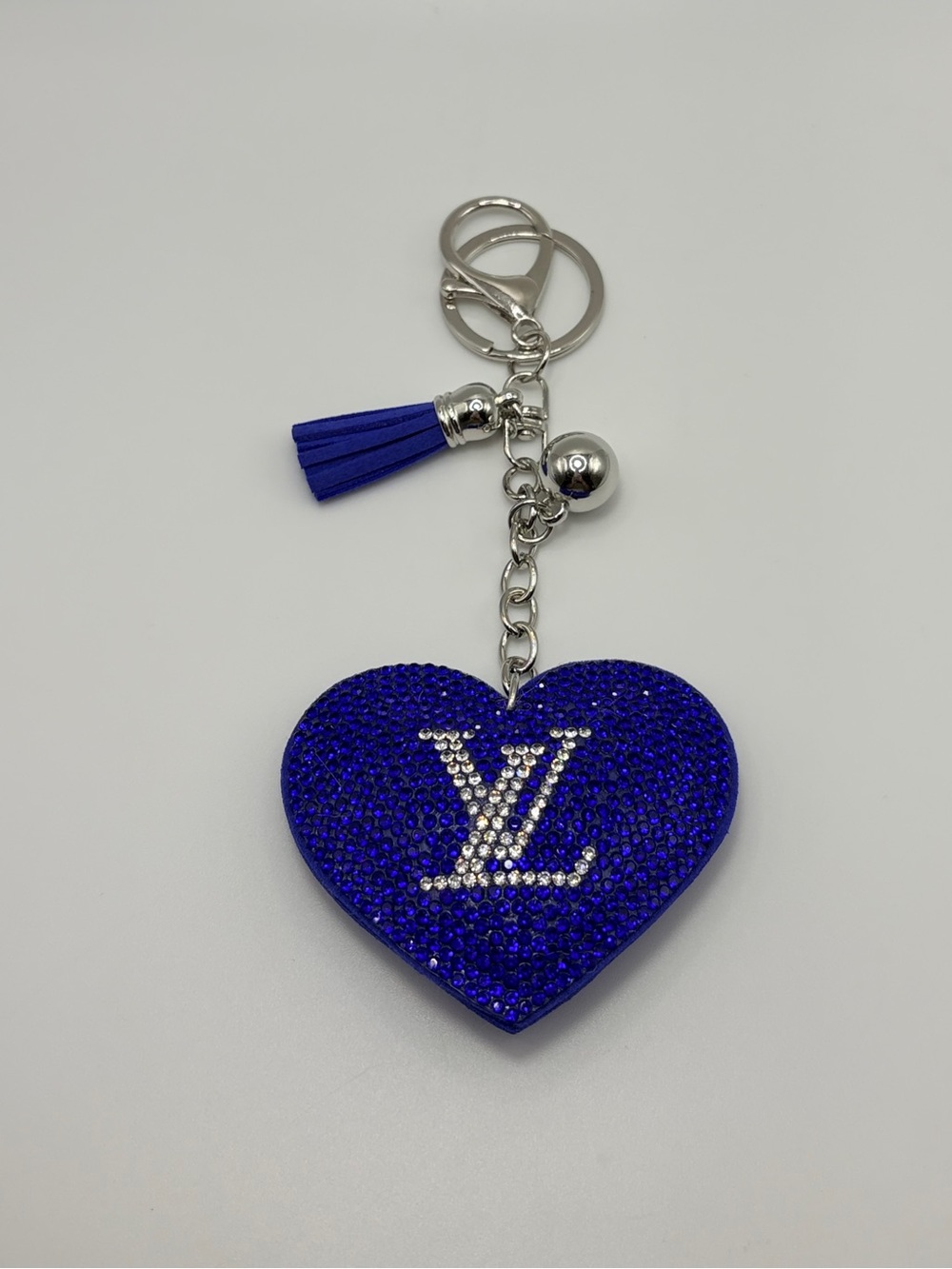 Royal Blue Crystal Heart Keychain with Silver Hardware